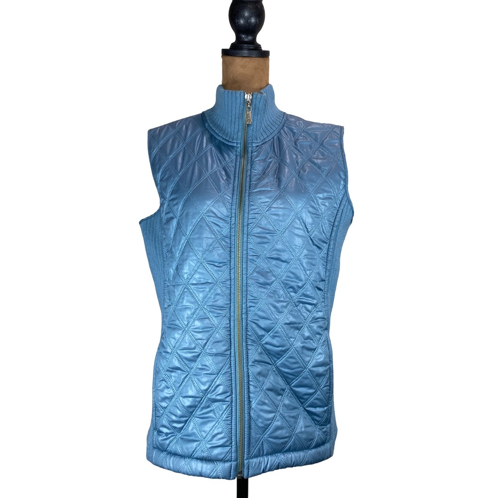 Prana Breathe Quilted Sherpa Lined Vest Blue Ribbed Knit Mock Neck Zip Medium